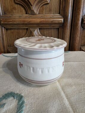 Ceramic Butter Bell Crock with Pink Trim and Floral Accents